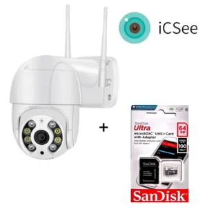 Cámara De Seguridad Domo Ip Icsee Wifi + Tarjeta Sd De 64 Gb Blanco